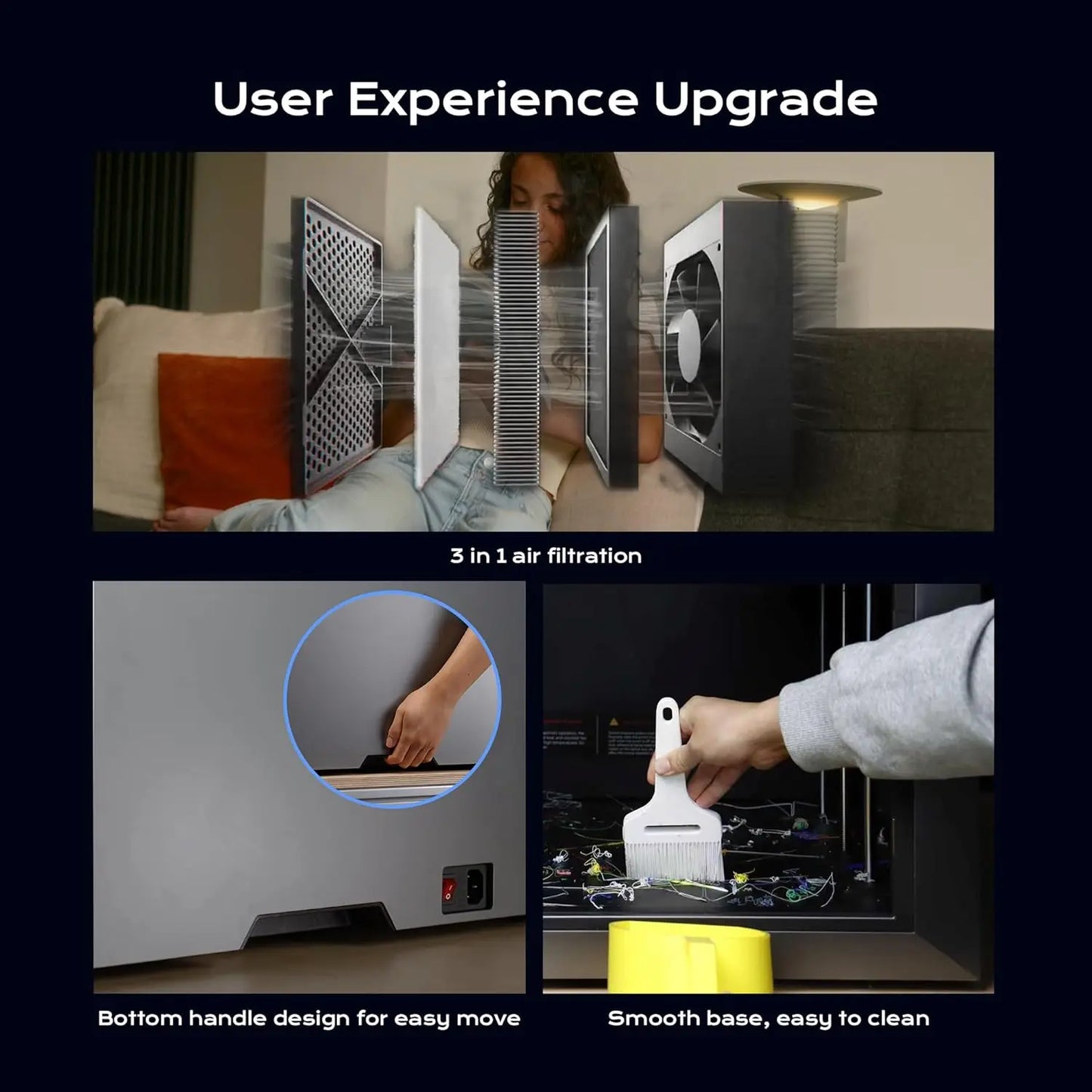Product features with text 'User Experience Upgrade' and images of a person using the product.