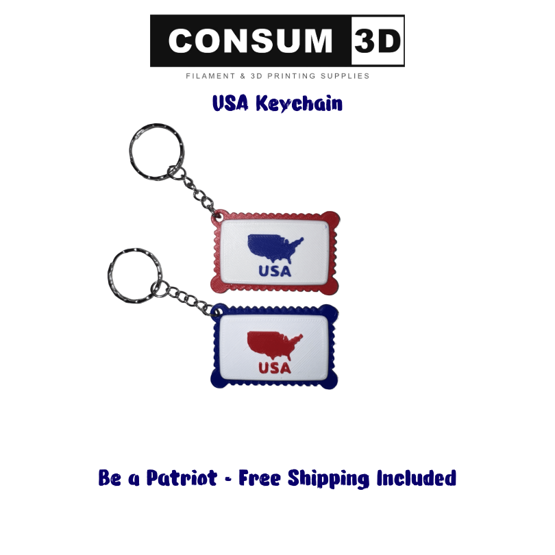 Two USA-themed keychains on a white background with 'CONSUM 3D' branding.
