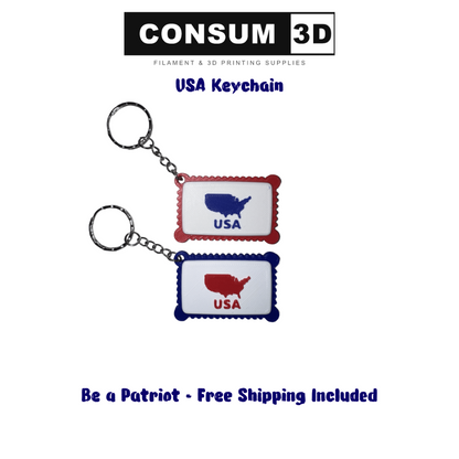 Two USA-themed keychains on a white background with 'CONSUM 3D' branding.