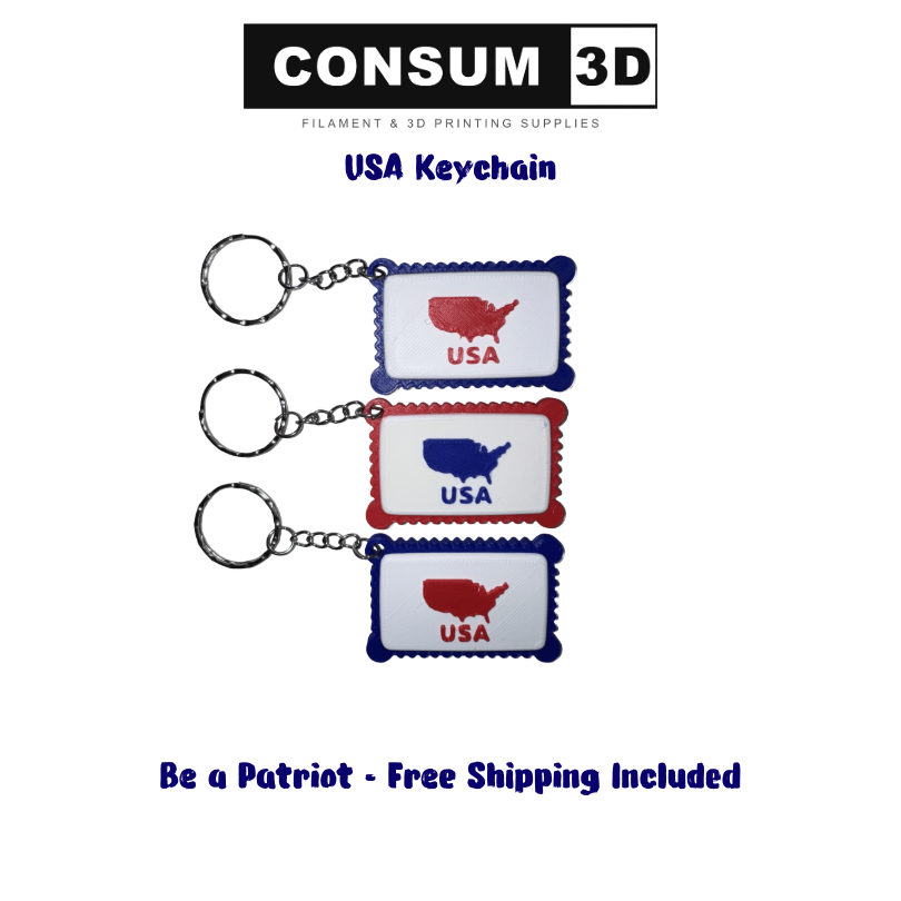 Three USA-themed keychains with 'CONSUM 3D' branding on a white background.