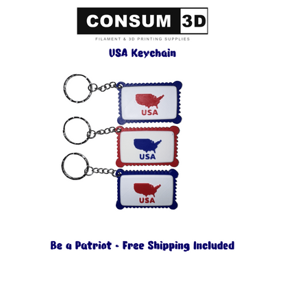 Three USA-themed keychains with 'CONSUM 3D' branding on a white background.