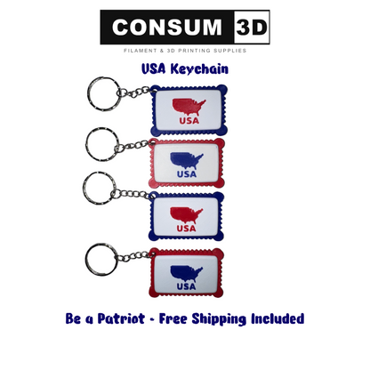 Four USA-themed keychains on a white background with 'CONSUM 3D' branding.