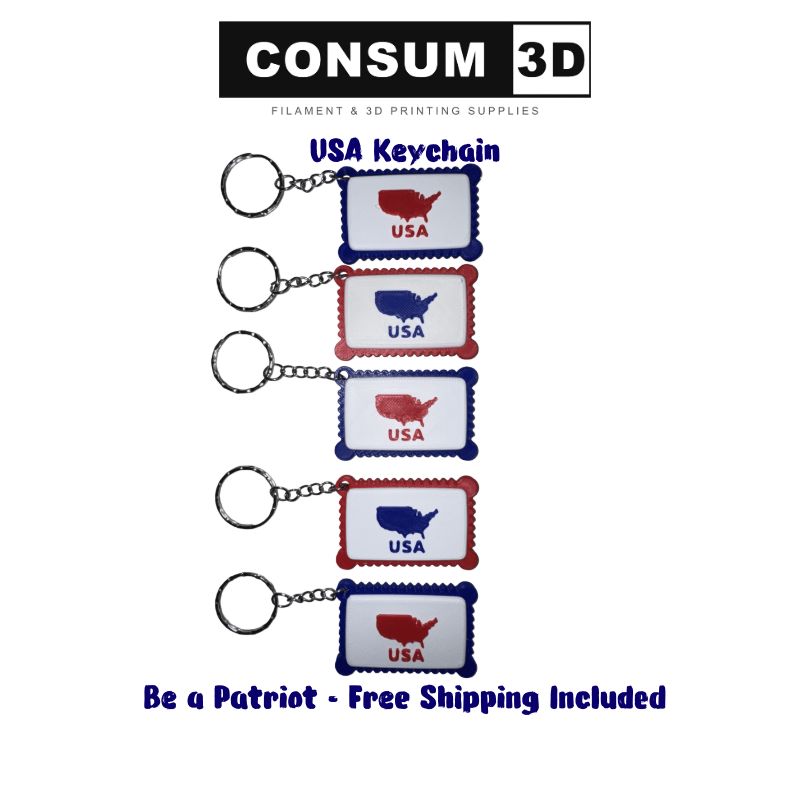 Set of USA-themed keychains with 'CONSUM 3D' branding on a white background.