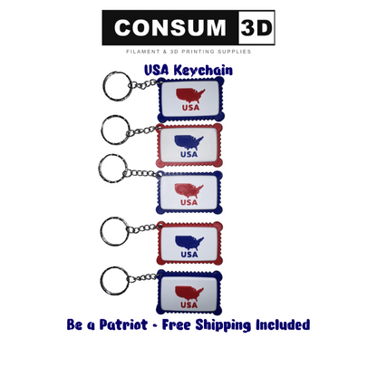 Set of USA-themed keychains with 'CONSUM 3D' branding on a white background.