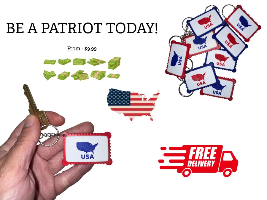 Keychain with USA design held by a hand, with text 'Be a Patriot Today!' and free delivery icon.
