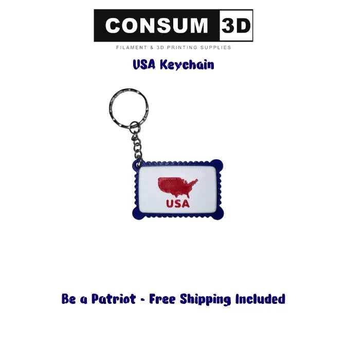 Keychain with USA map design on a white background, featuring 'CONSUM 3D' branding.