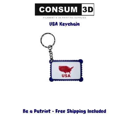 Keychain with USA map design on a white background, featuring 'CONSUM 3D' branding.
