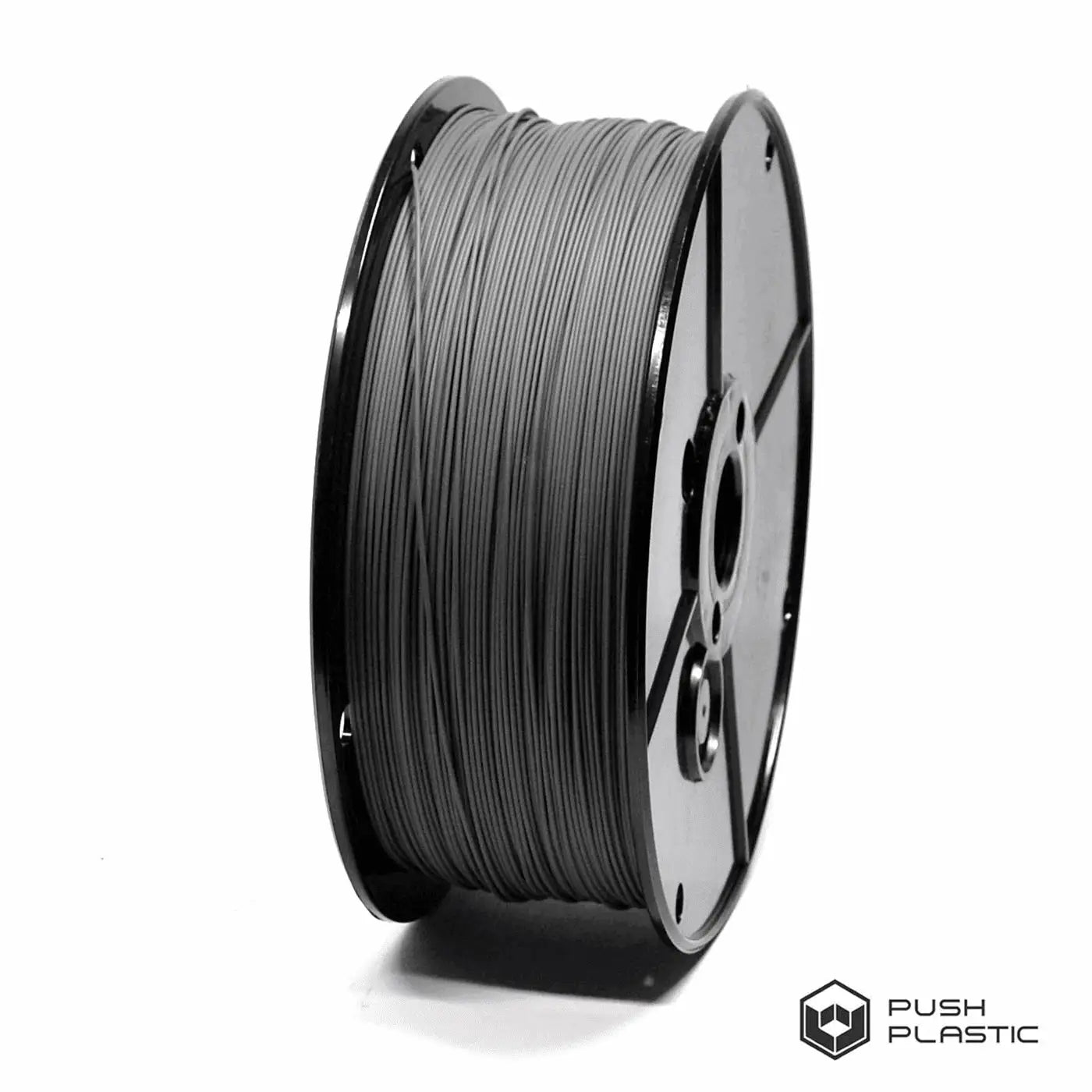 Spool of gray filament on a white background with 'Push Plastic' branding.
