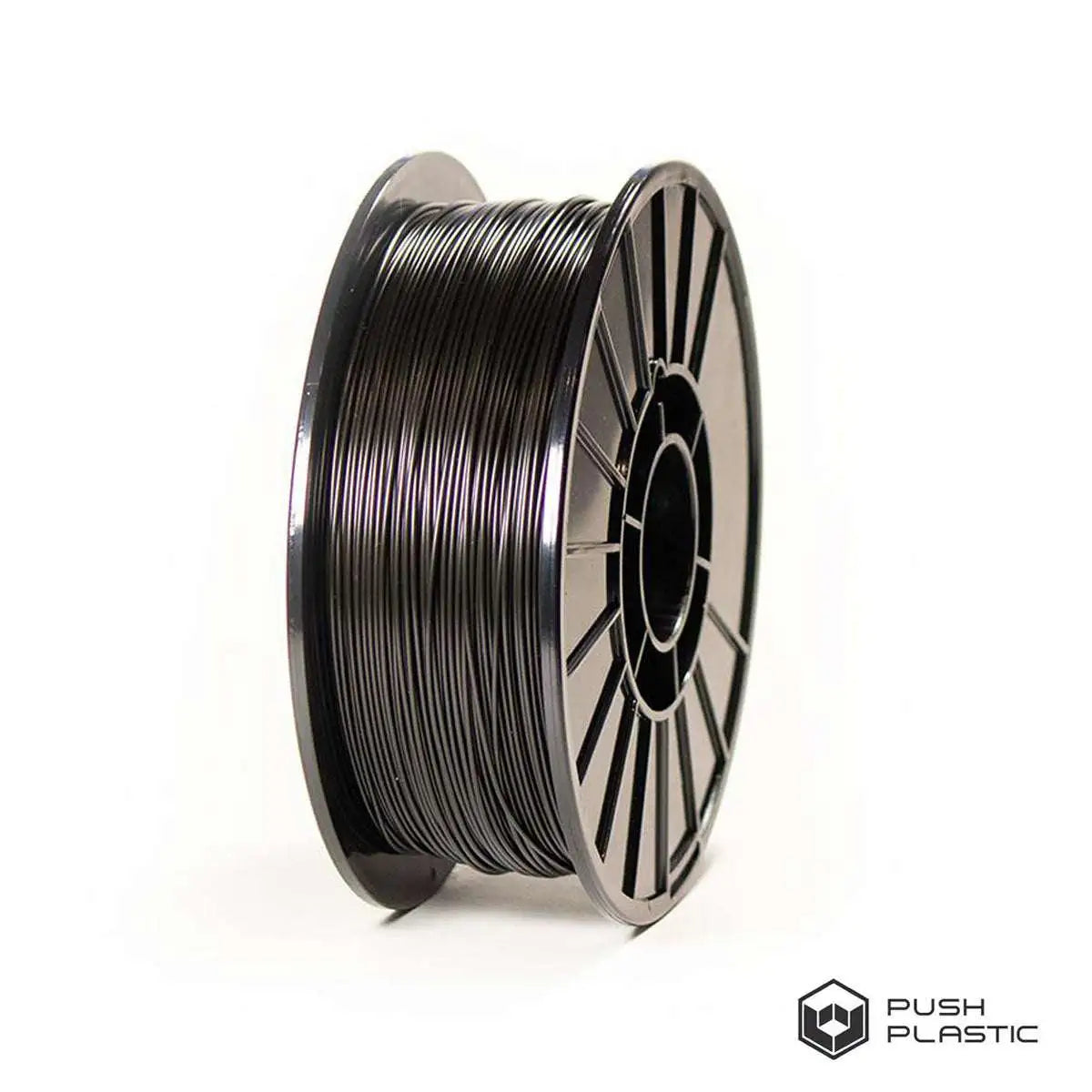 Spool of black filament on a white background with 'Push Plastic' branding.