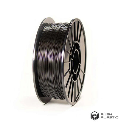 Spool of black filament on a white background with 'Push Plastic' branding.