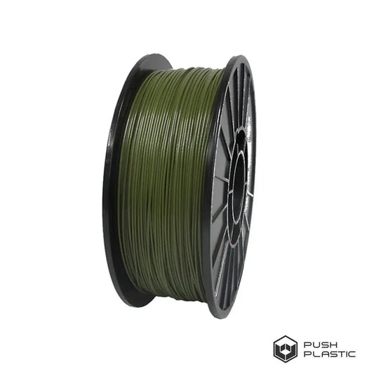 Spool of green filament on a white background with 'Push Plastic' branding.