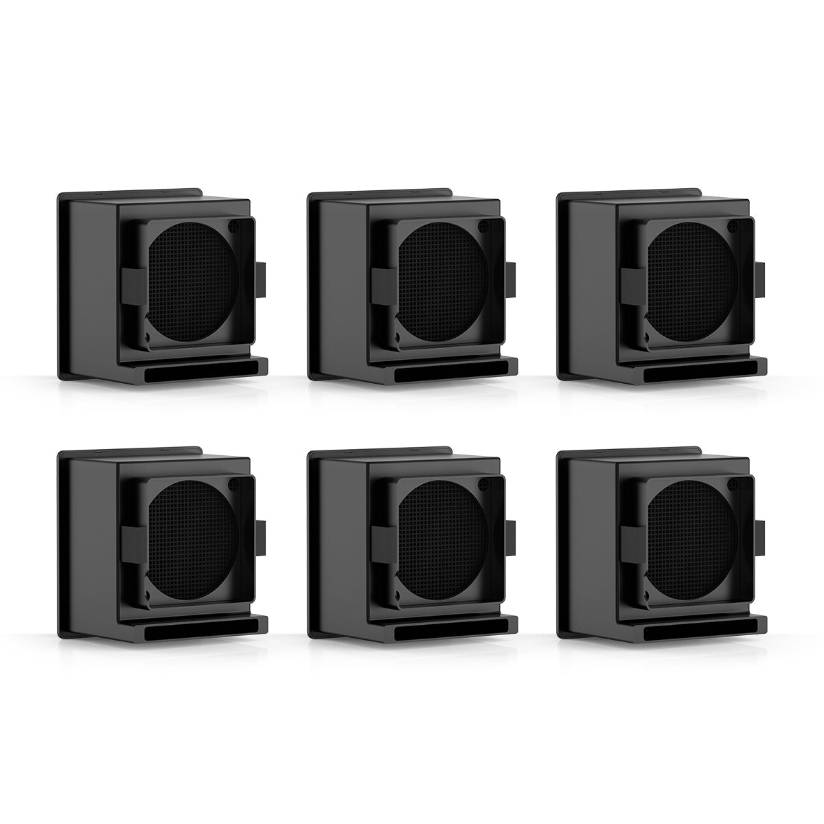 Six black square filters with a central circular opening on a white background