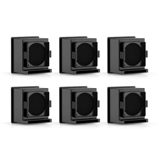 Six black square filters with a central circular opening on a white background