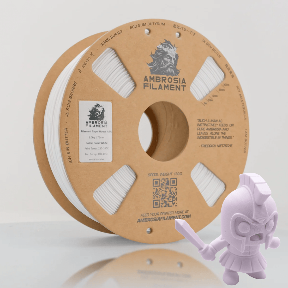 Ambrosia ASA filament in Polar White, 1kg AMS-friendly cardboard spool