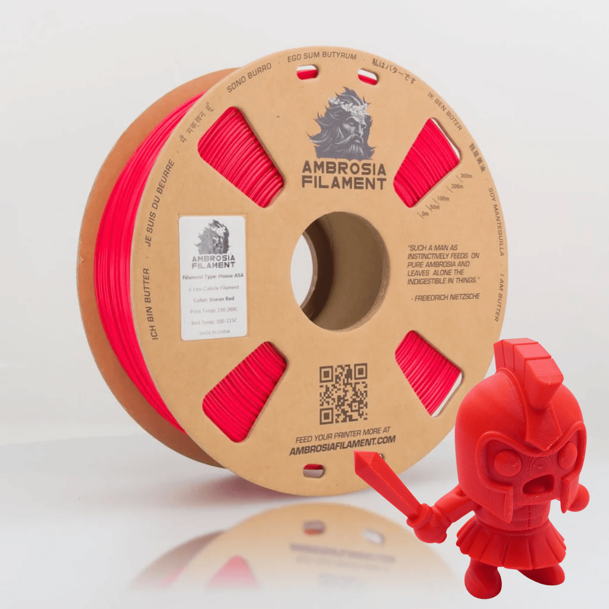 Ambrosia ASA filament in Voron Red, 1kg AMS-friendly cardboard spool