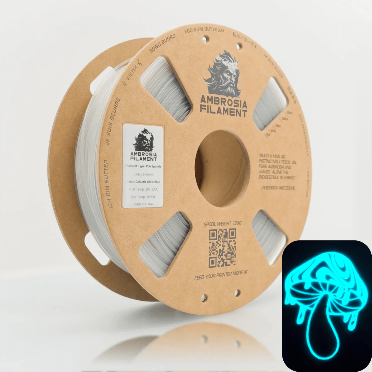 Ambrosia Galactic Sparkle PLA filament 1.75mm 1kg in Galactic Glow Blue on a cardboard spool