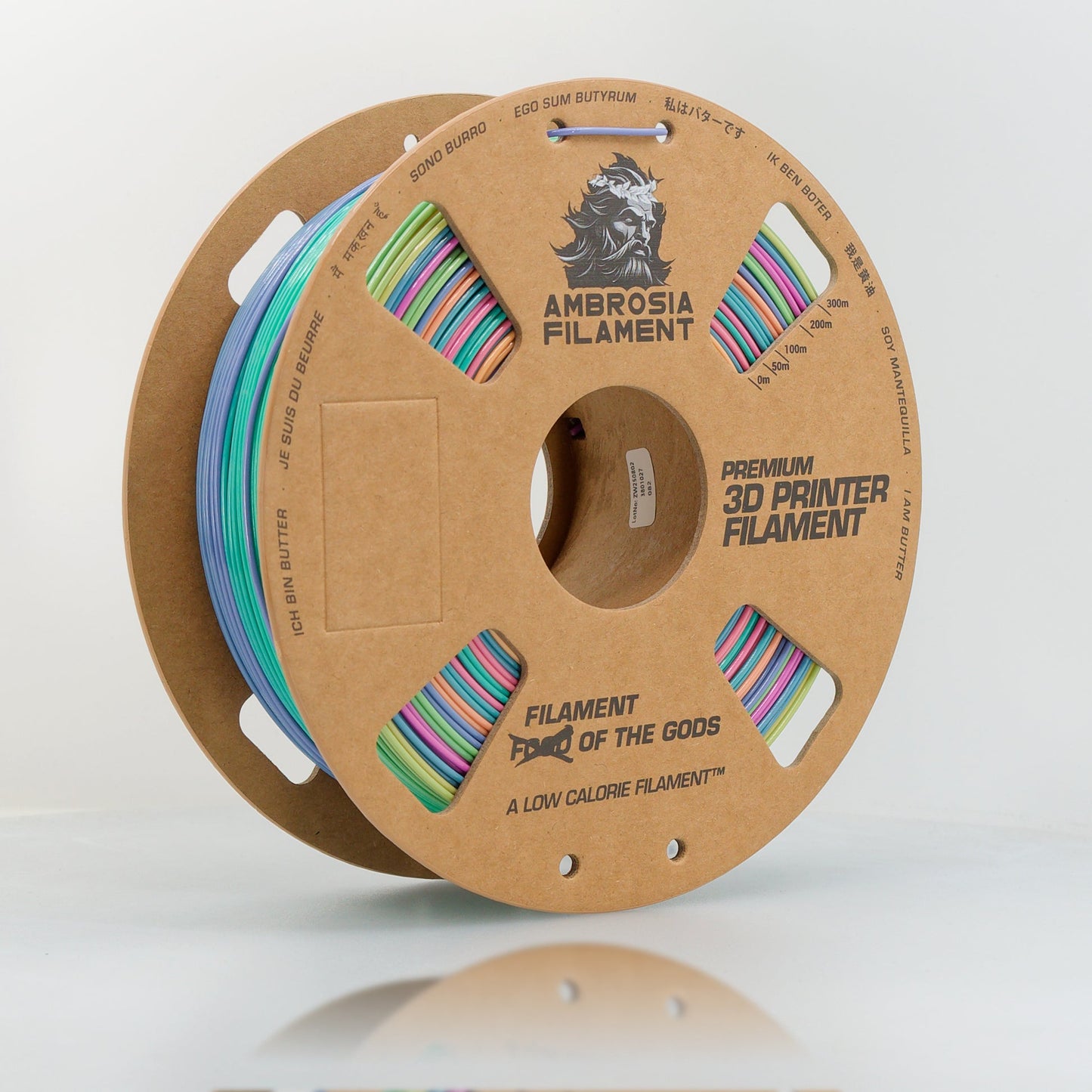 Spool of Ambrosia Filament 3D printer filament with colorful strands on a white background