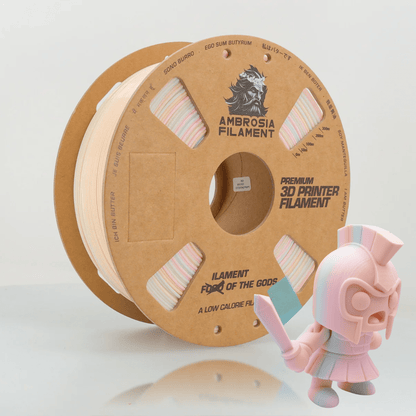 Spool of Ambrosia Filament 3D printer filament with a pink and white figurine on a light gray background