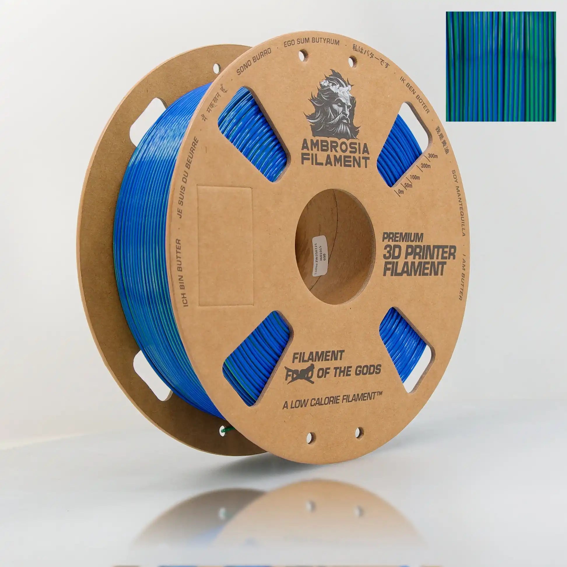 Spool of Ambrosia Filament 3D printer filament with blue material on a white background