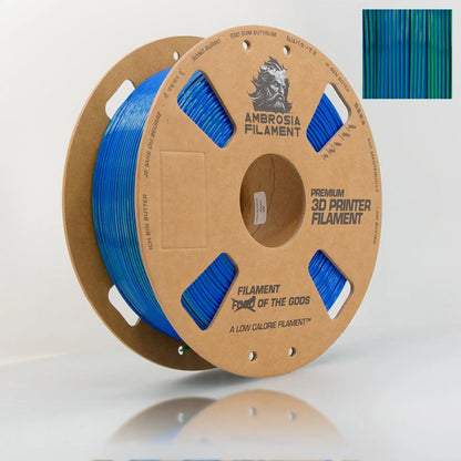 Spool of Ambrosia Filament 3D printer filament with blue material on a white background