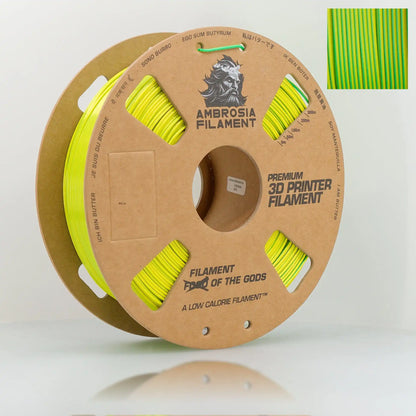 Spool of Ambrosia Filament with green 3D printer filament on a white background