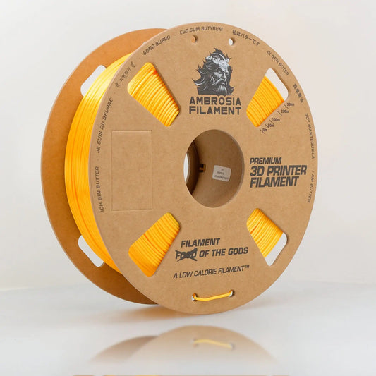 Spool of Ambrosia Filament 3D printer filament with yellow material on a white background