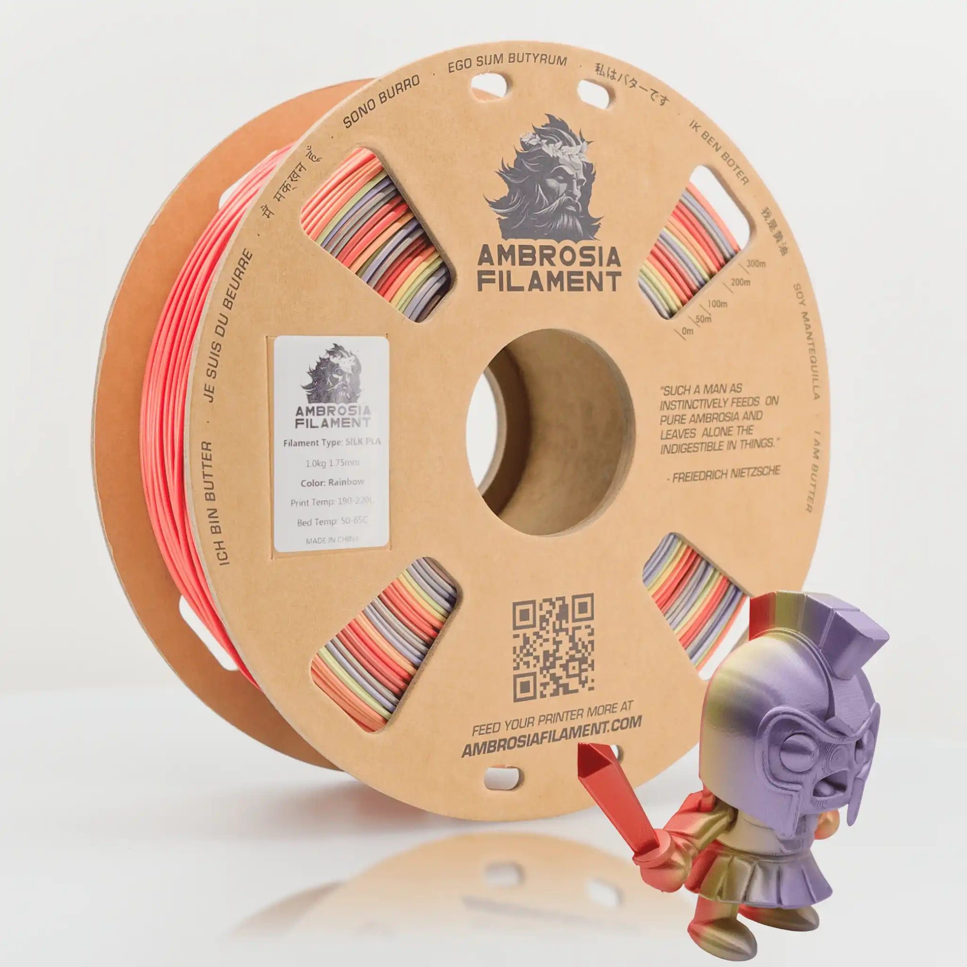 Spool of Ambrosia Filament with a small figurine holding colorful filament.