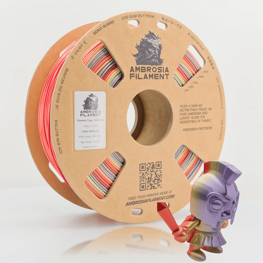 Spool of Ambrosia Filament with a small figurine holding colorful filament.