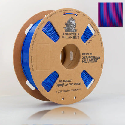 Spool of Ambrosia Filament 3D printer filament with blue material on a white background