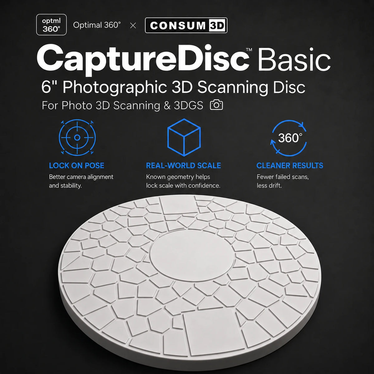 CaptureDisc Basic 6-inch photographic 3D scanning disc with Lock on Pose, Real-World Scale, and Cleaner Results feature callouts