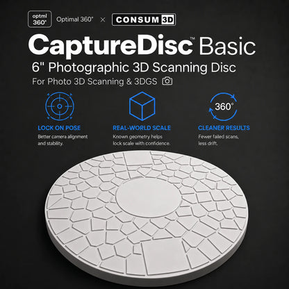 CaptureDisc Basic 6-inch photographic 3D scanning disc with Lock on Pose, Real-World Scale, and Cleaner Results feature callouts