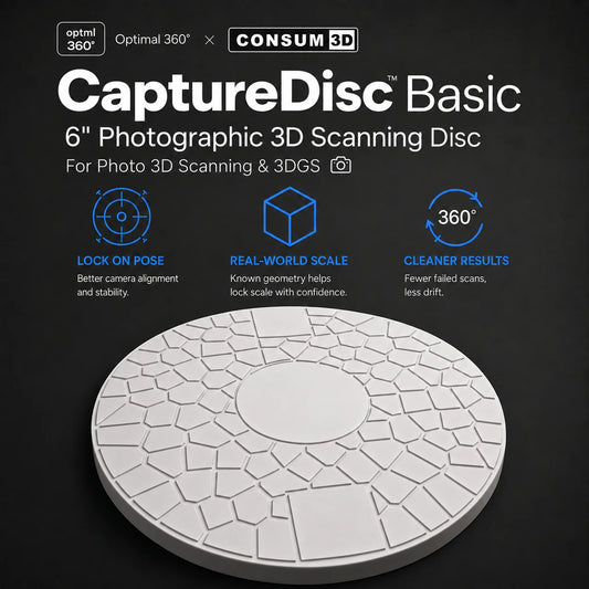 CaptureDisc Basic 6-inch photographic 3D scanning disc with Lock on Pose, Real-World Scale, and Cleaner Results feature callouts