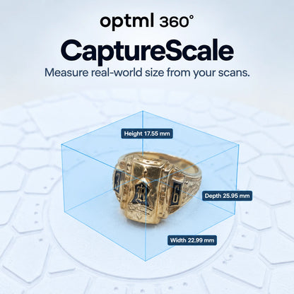 CaptureScale real-world measurement overlay showing height, depth, and width of a ring scanned on the CaptureDisc