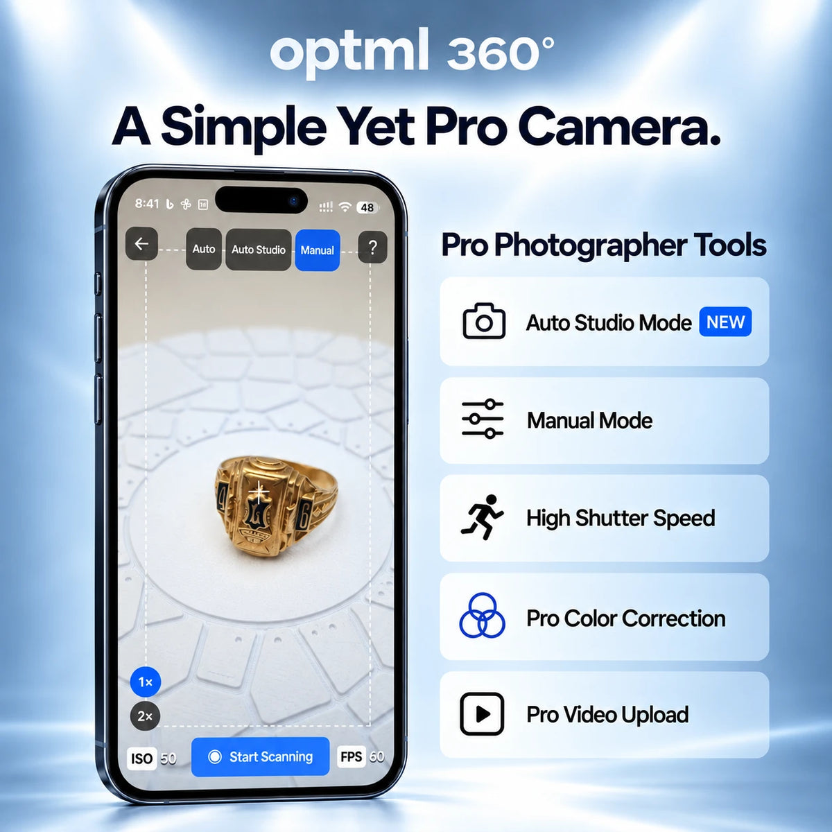 Optml 360 capture app screen showing Auto, Auto Studio, and Manual scanning modes over a ring placed on the CaptureDisc