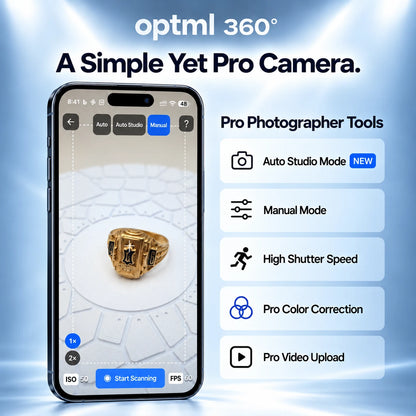 Optml 360 capture app screen showing Auto, Auto Studio, and Manual scanning modes over a ring placed on the CaptureDisc