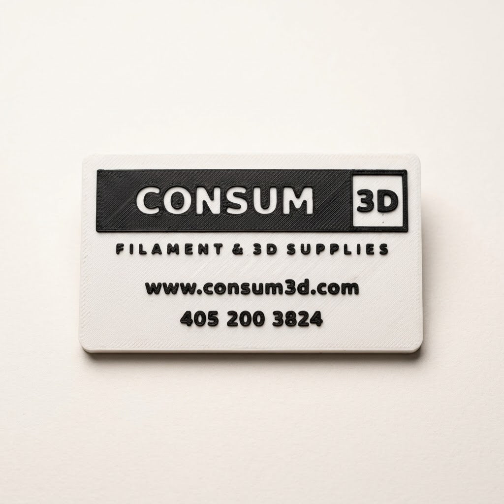 Custom 3D printed business card, white with raised black text: CONSUM3D logo, website and phone number