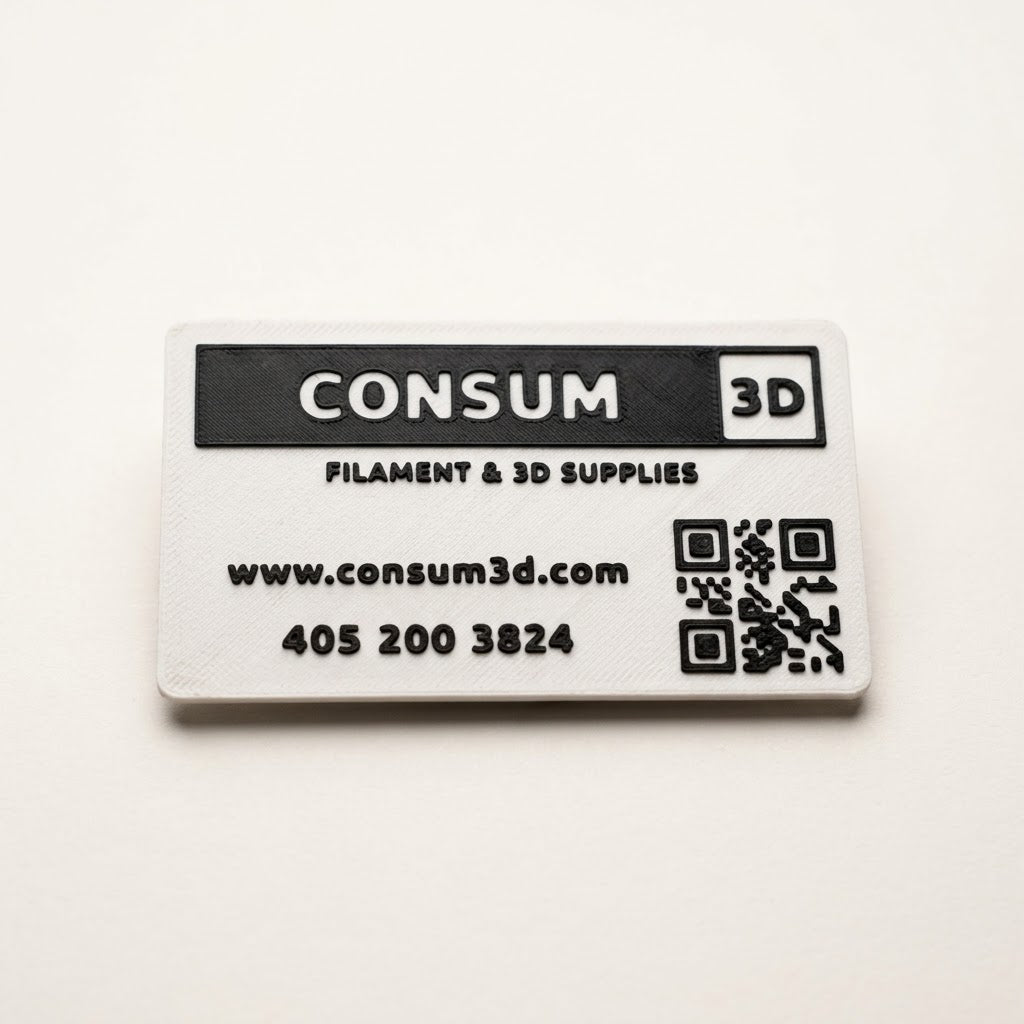 White 3D printed business card with raised black logo, contact details and QR code design