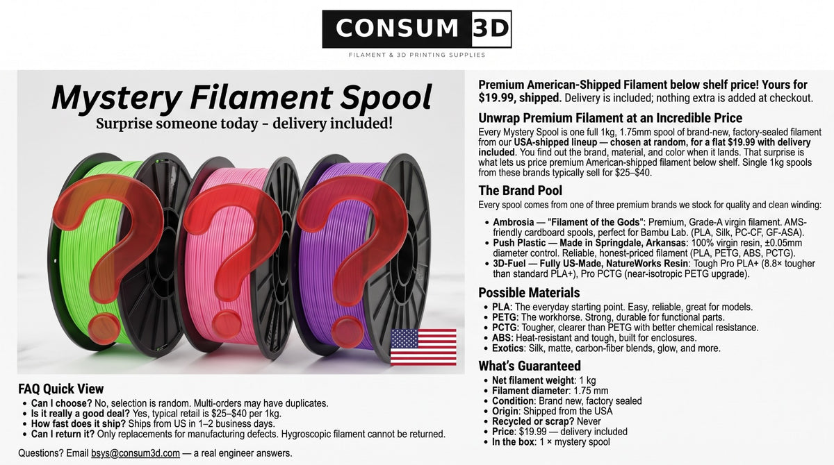 CONSUM3D Mystery Filament Spool Product Details – Premium American-Shipped PLA PETG ABS Filament, $19.99 Delivered, Ambrosia Push Plastic 3D-Fuel Brand Pool