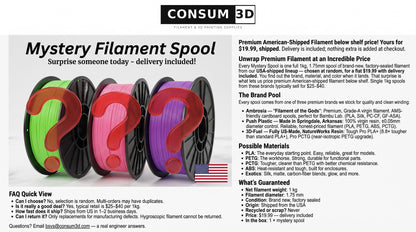 CONSUM3D Mystery Filament Spool Product Details – Premium American-Shipped PLA PETG ABS Filament, $19.99 Delivered, Ambrosia Push Plastic 3D-Fuel Brand Pool