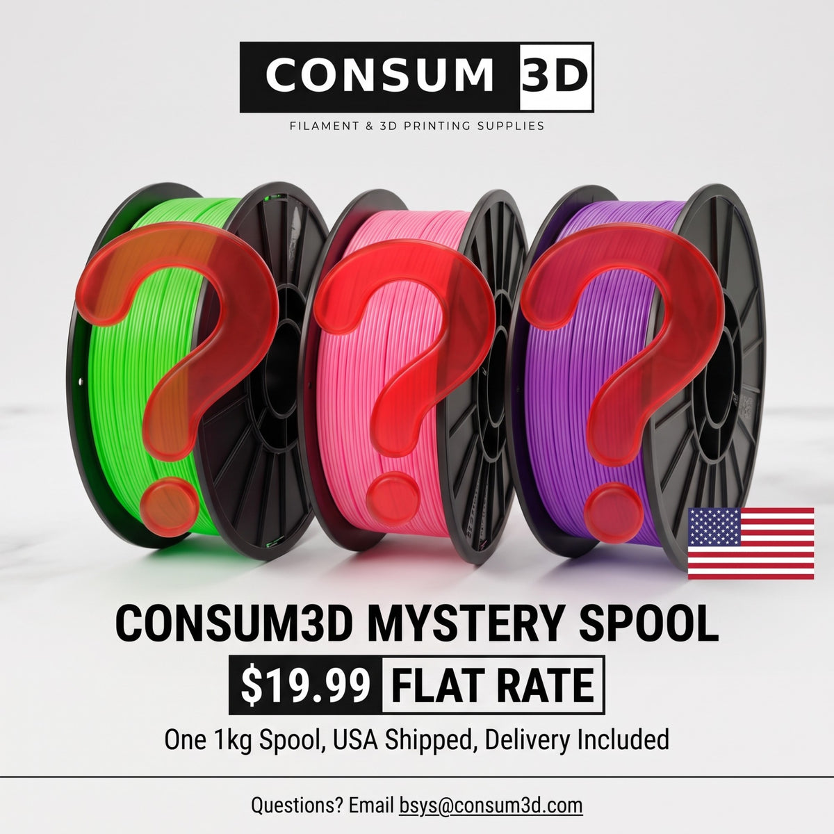 CONSUM3D Mystery Spool $19.99 Flat Rate – Random 1kg 1.75mm 3D Printer Filament, Brand New Factory Sealed, USA Shipped Delivery Included