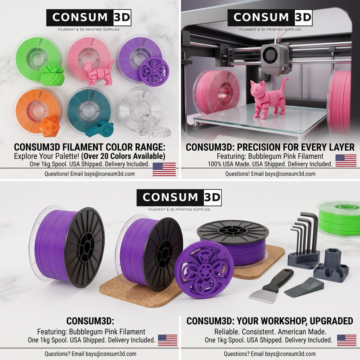 CONSUM3D Mystery Spool – Premium 3D Printer Filament Color Range, Over 20 Colors, 1kg Spool, USA Shipped, Delivery Included