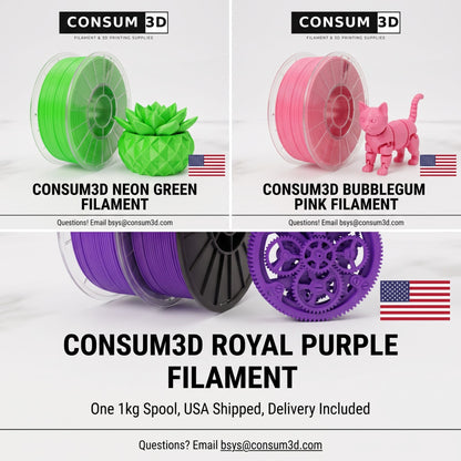 CONSUM3D Mystery Spool Possible Colors – Neon Green, Bubblegum Pink, and Royal Purple PLA Filament, 1.75mm, 1kg, USA Shipped