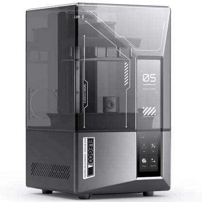 Black 3D printer with transparent lid on a white background