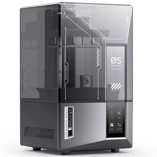 Black 3D printer with transparent lid on a white background