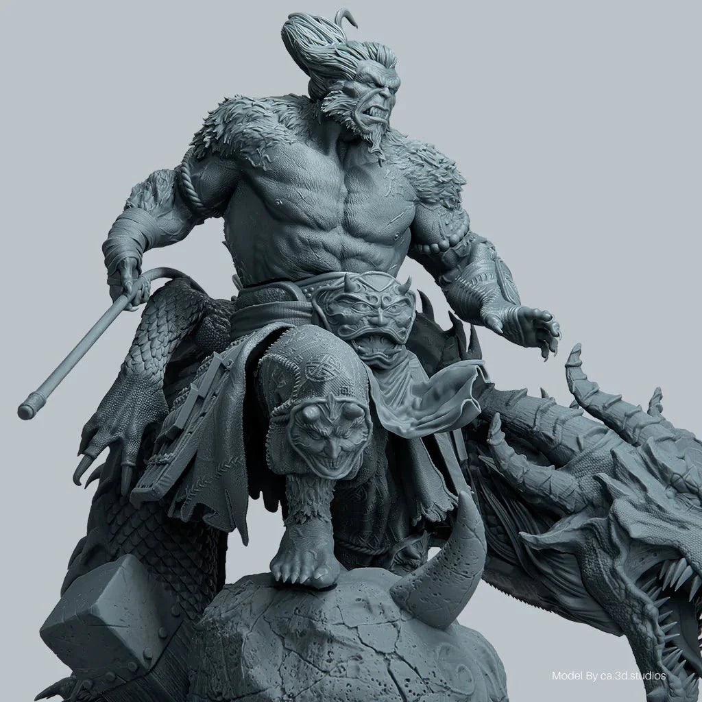 Statue of a muscular figure on a dragon-like creature with detailed armor and weapons.