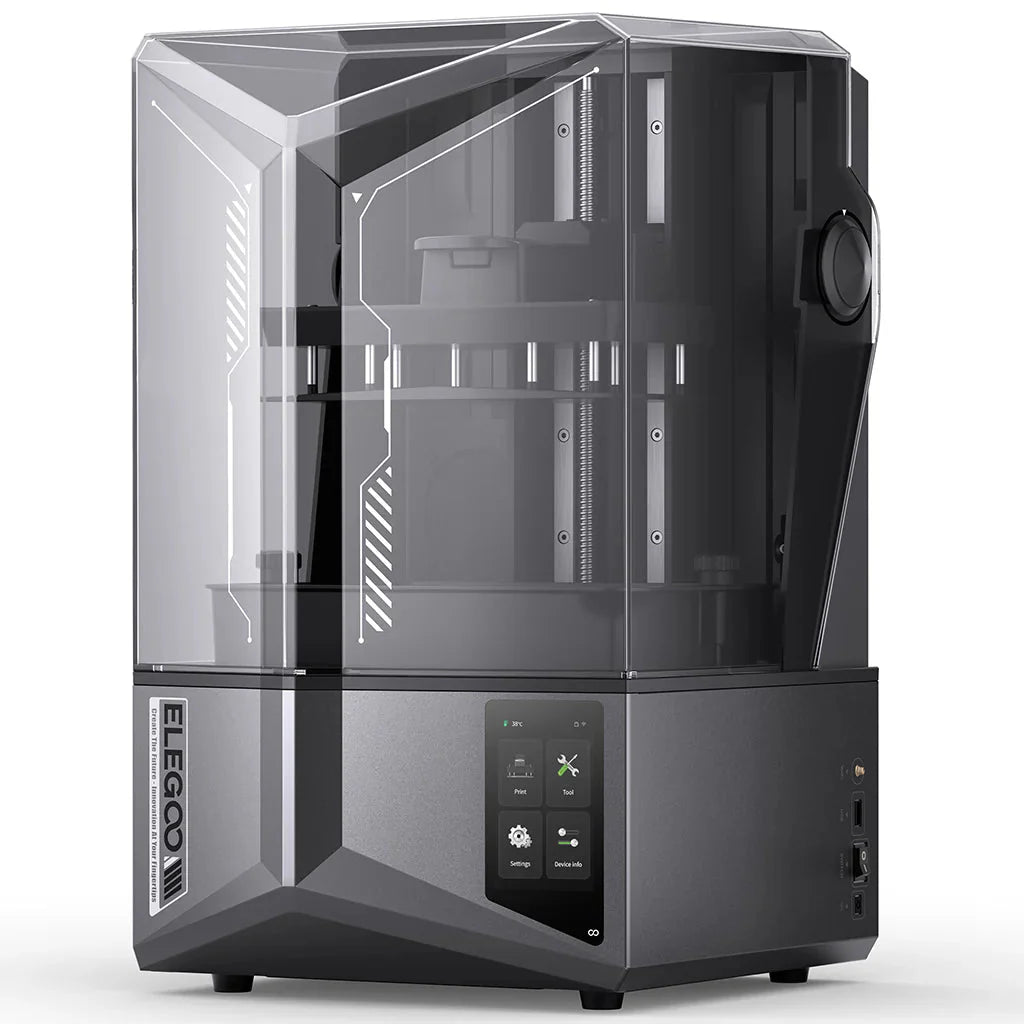 Black 3D printer with transparent side panel on a white background