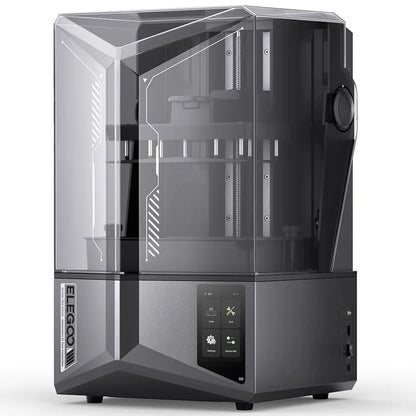 Black 3D printer with transparent side panel on a white background