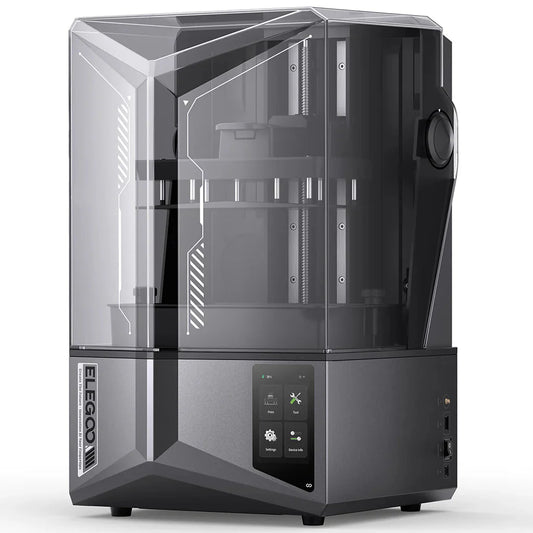 Black 3D printer with transparent side panel on a white background