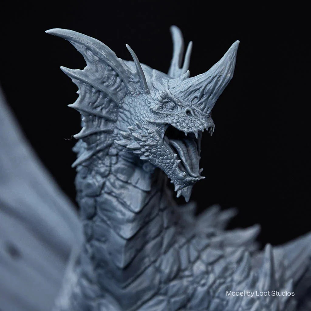Close-up of a detailed dragon figurine with a dark background
