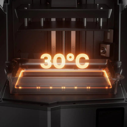 3D printer with a digital display showing 30°C temperature inside a clear enclosure.